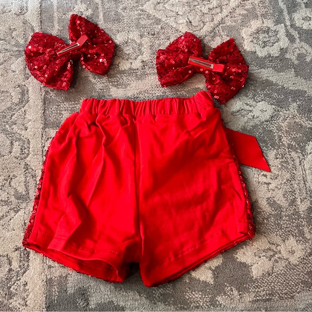 Baby boutique red sparkle shorts with two Bows new - Picture 2 of 4